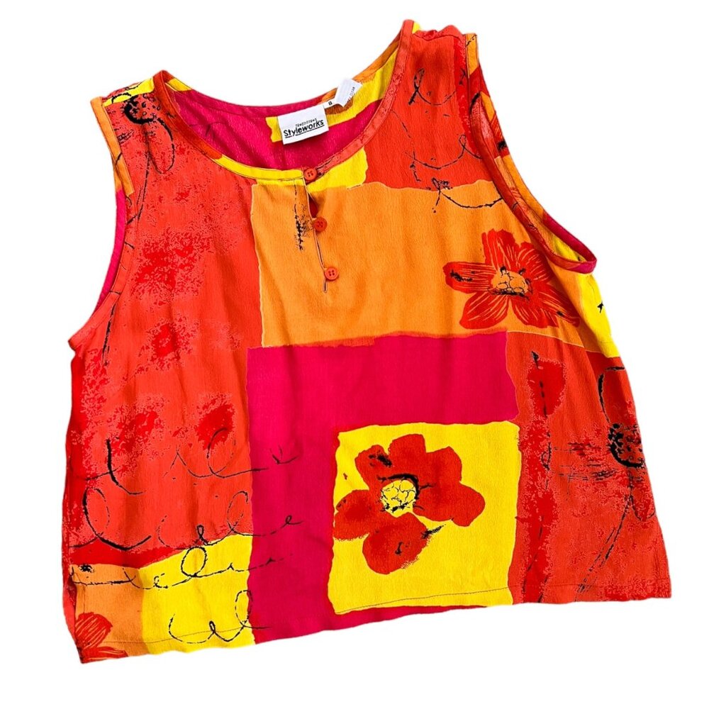 Vintage Novelty Floral Print 100% Rayon Sleeveless Blouse 8